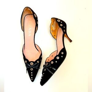 Prada Black Suede Leather Vintage Grommet eyelet studs D’orsay bow pumps EU 36.5
